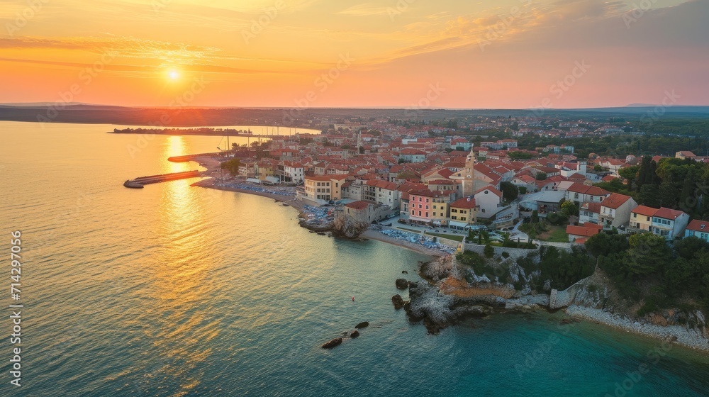 Aerial view of Porec at sunset, a small town along the Adriatic Sea coastline in Istria, Croatia.    