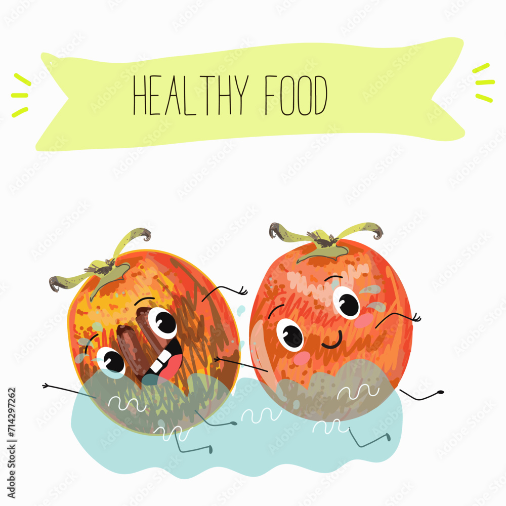 Cute cartoon persimmon characters with different activities. Flat vector illustration, funny fruits. Organic food. Cute cartoon persimmon characters with different activities. Flat vector illustration, funny fruits. Organic food.