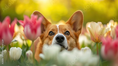 Black nose of welsh corgi pembrok funny dog in spring flowers pink, white and yellow tulips. spring and summer blooming and allergy season. High quality photo     © Emil