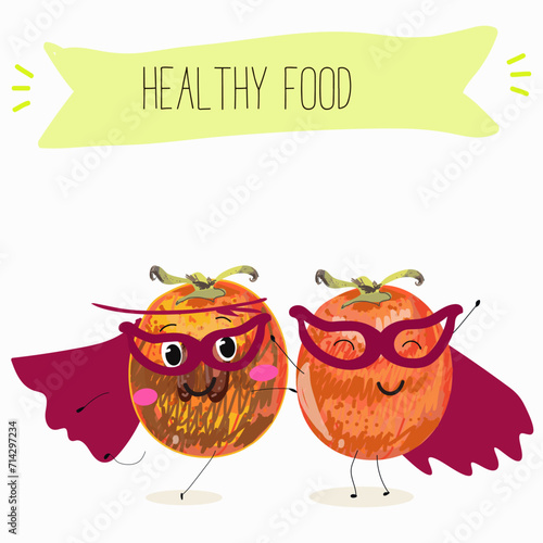 Cute  cartoon persimmon characters with different activities. Flat vector illustration, funny fruits. Organic food.