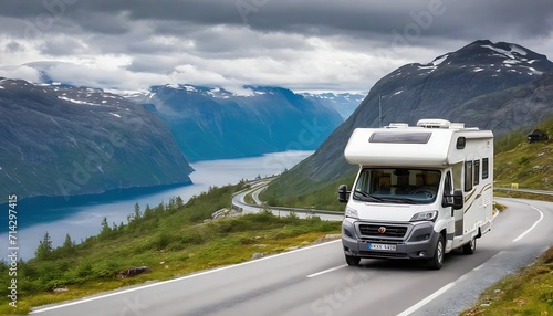 RV Camper Van on the Scenic Norwegian Mountain Road © Antonio Giordano