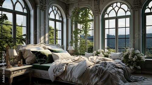 Cozy interior with soft green hues, highlighting windowsills and decorations, creating warmth