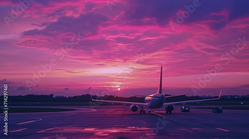 Cinematic sunset at airport, 4K travel footage. Scenic pink sunset with purple clouds in summer sky. Holiday vacation tourism concept video. Back view airplane with tourists landing at night airport 