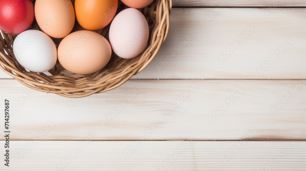 Easter basket with eggs and spring flowers on a white wooden background, a nest with painted eggs. Festive background, greeting card.happy Easter. Easter background with space to copy. Easter basket with eggs and spring flowers on a white wooden background, a nest with painted eggs. Festive background, greeting card.happy Easter. Easter background with space to copy.