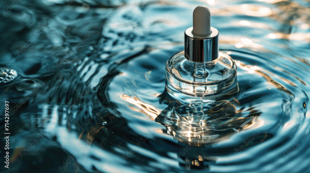 Dropper bottle immersed in water with ripples around it, reflecting light. Dropper bottle immersed in water with ripples around it, reflecting light.