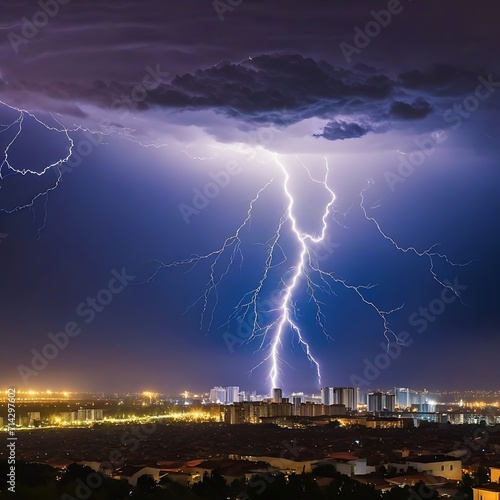 Storm  lightning over the city at night Thunderstorm light the dark cloudy sky.
