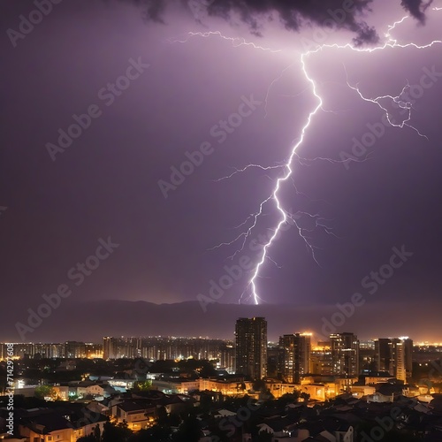 Storm, lightning over the city at night Thunderstorm light the dark cloudy sky.