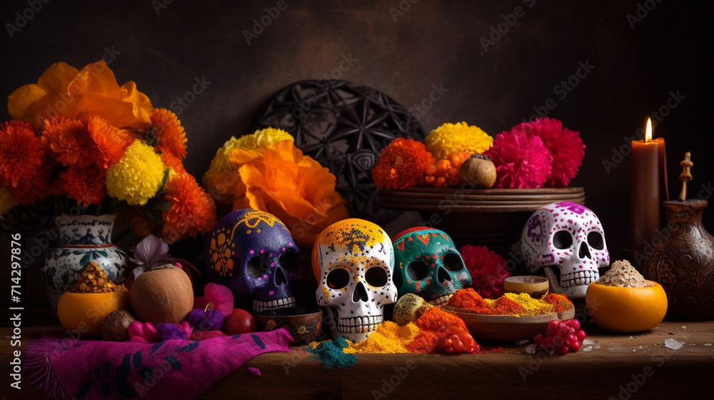Skulls with flowers and candles stand on the table. AI Generated