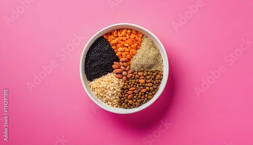 Various superfoods in smal bowl on colored background. Superfood as rice, chia, quinoa, lentils, nuts, sesame seeds, almonds. Top view copy space photo