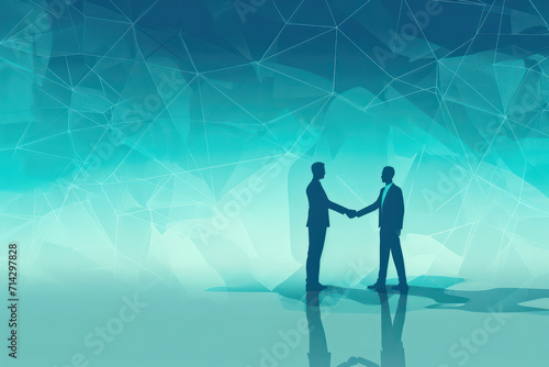 two people shake hands in front of blue background