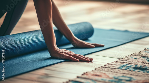 Close-up hands are rolling up a blue yoga mat on a wooden floor, suggesting the end of a yoga practice or fitness session.