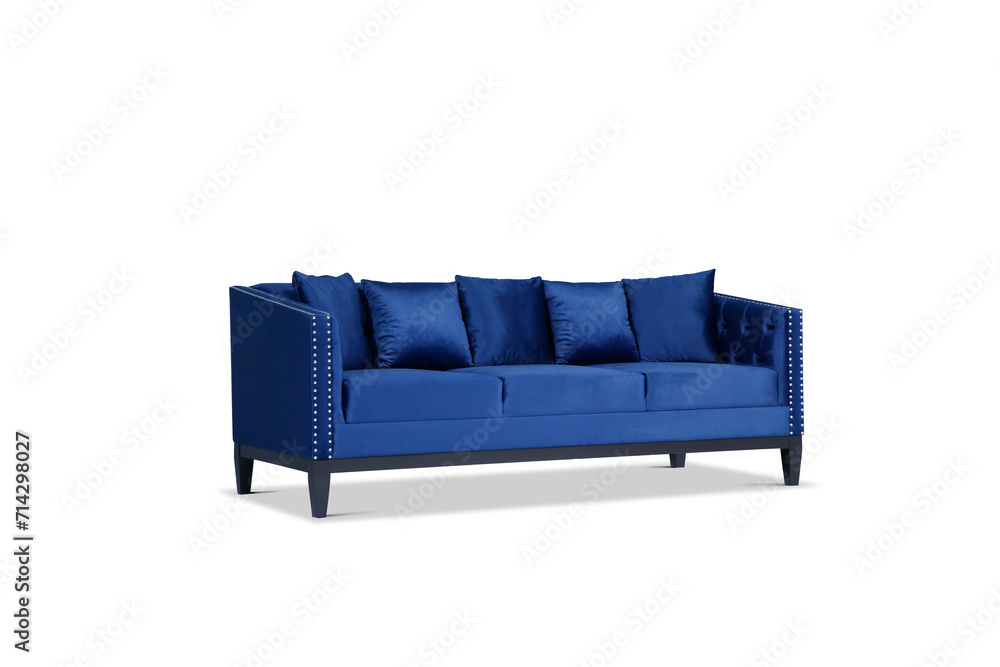 Blue fabric sofa on brushed metal legs with pillows isolated on white background
Blue fabric sofa on brushed metal legs with pillows isolated on white background