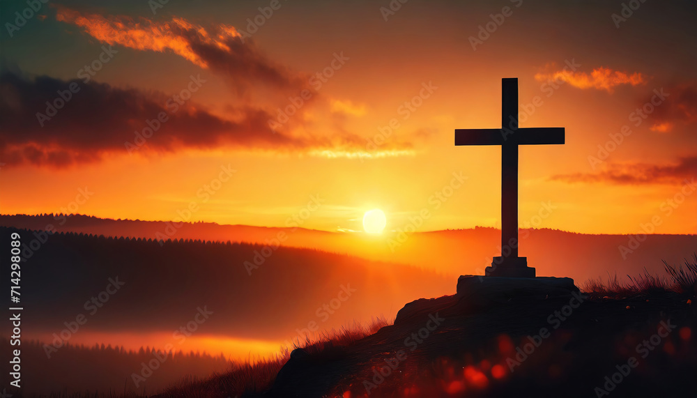 Silhouette of Cross at Sunrise: A Symbol of Christian Faith and Resurrection