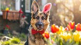 German Shepherd wears red bow tie and pink Easter bunny ears. Dog outside with bouquet spring flowers yellow tulips. Tilts head to side as sign attention. Concept pet celebrates Catholic Easter.     