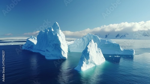 Iceberg aerial drone video- giant icebergs in Disko Bay on greenland floating in Ilulissat icefjord from melting glacier Sermeq Kujalleq Glacier Affected by Global warming and climate change.     photo