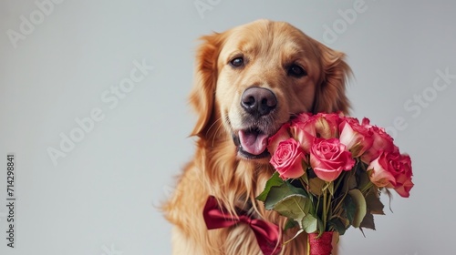The dog holds a bouquet of roses in his mouth. Golden Retriever in a bow tie sits on a white background with flowers. Postcard for birthday, wedding, valentine's day, eighth of march. 