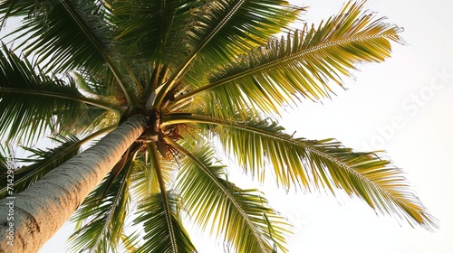 A Coconut palm tree in early morning light, with its fronds bathed in a soft, warm glow, against a white background
