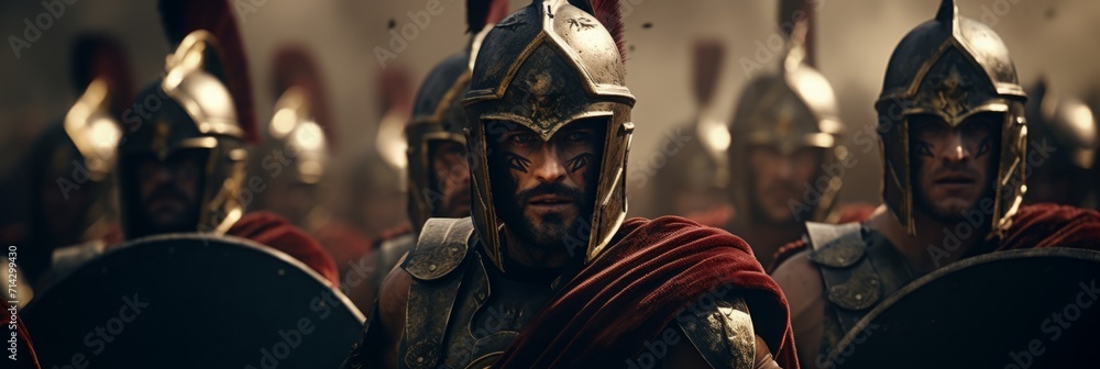 armed Roman legionaries. group of knights, with armor on, are standing together, in the style of intense close-ups, dark gold and brown, cinematic stills, selective focus. Ready to fight.