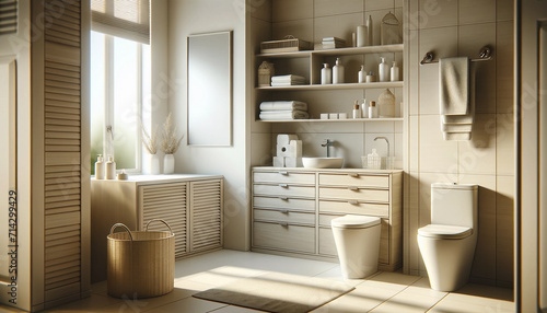 interior of a light bathroom, featuring drawers, a toilet bowl, and a laundry basket © Nadtochiy