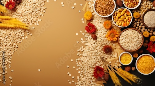 Top view of oat products flakes, milk, flour, and whole grains for healthy vegetarian diet