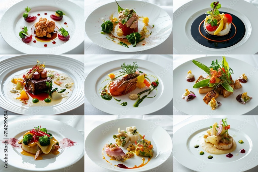 A collage of various gourmet dishes elegantly arranged on white plates, set on a pristine white table