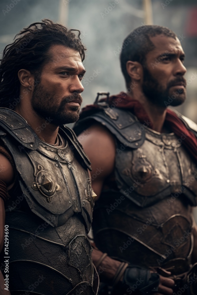 some warriors with their helmets on, in the style of cinematic lighting, dark gold and brown, intense close-ups. Gladiators with guns. some warriors with their helmets on, in the style of cinematic lighting, dark gold and brown, intense close-ups. Gladiators with guns.