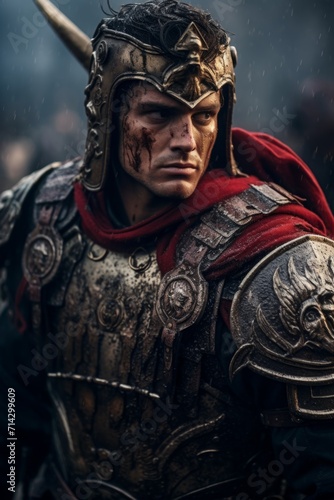 A cinematic shot of a gladiator, a Roman legionnaire. a knight in iron armor. a warrior in ancient history.