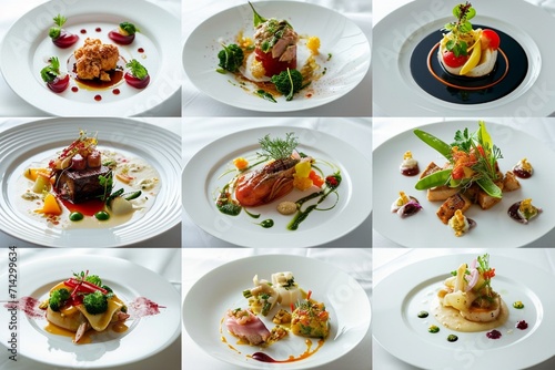 A collage of various gourmet dishes elegantly arranged on white plates, set on a pristine white table