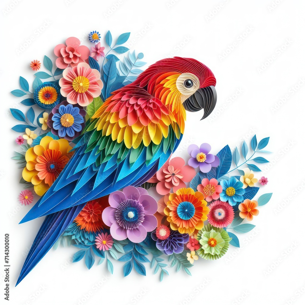 Fototapeta premium Immerse yourself in the artful world of kirigami with a vibrant parrot against a backdrop of colorful flowers. Isolated on white, this masterpiece combines precision and elegance