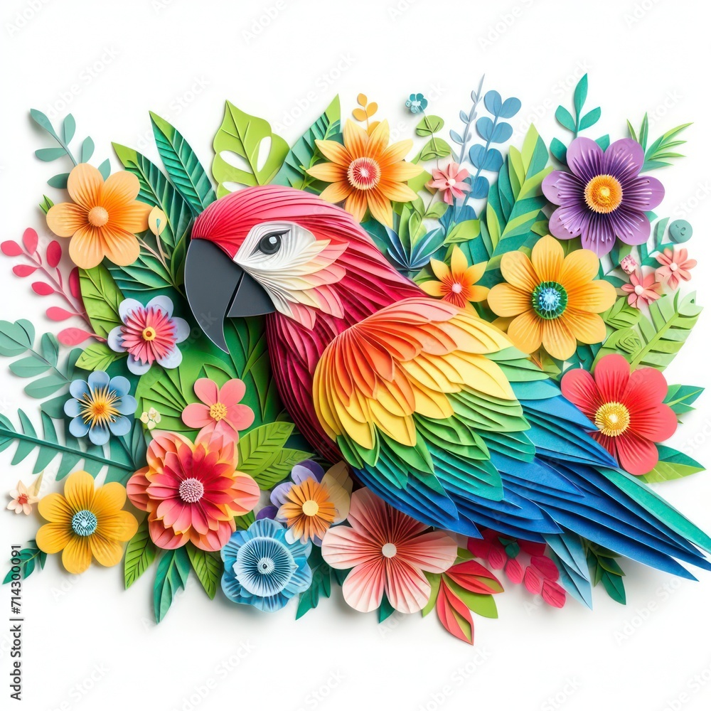 Immerse yourself in the artful world of kirigami with a vibrant parrot against a backdrop of colorful flowers. Isolated on white, this masterpiece combines precision and elegance Immerse yourself in the artful world of kirigami with a vibrant parrot against a backdrop of colorful flowers. Isolated on white, this masterpiece combines precision and elegance