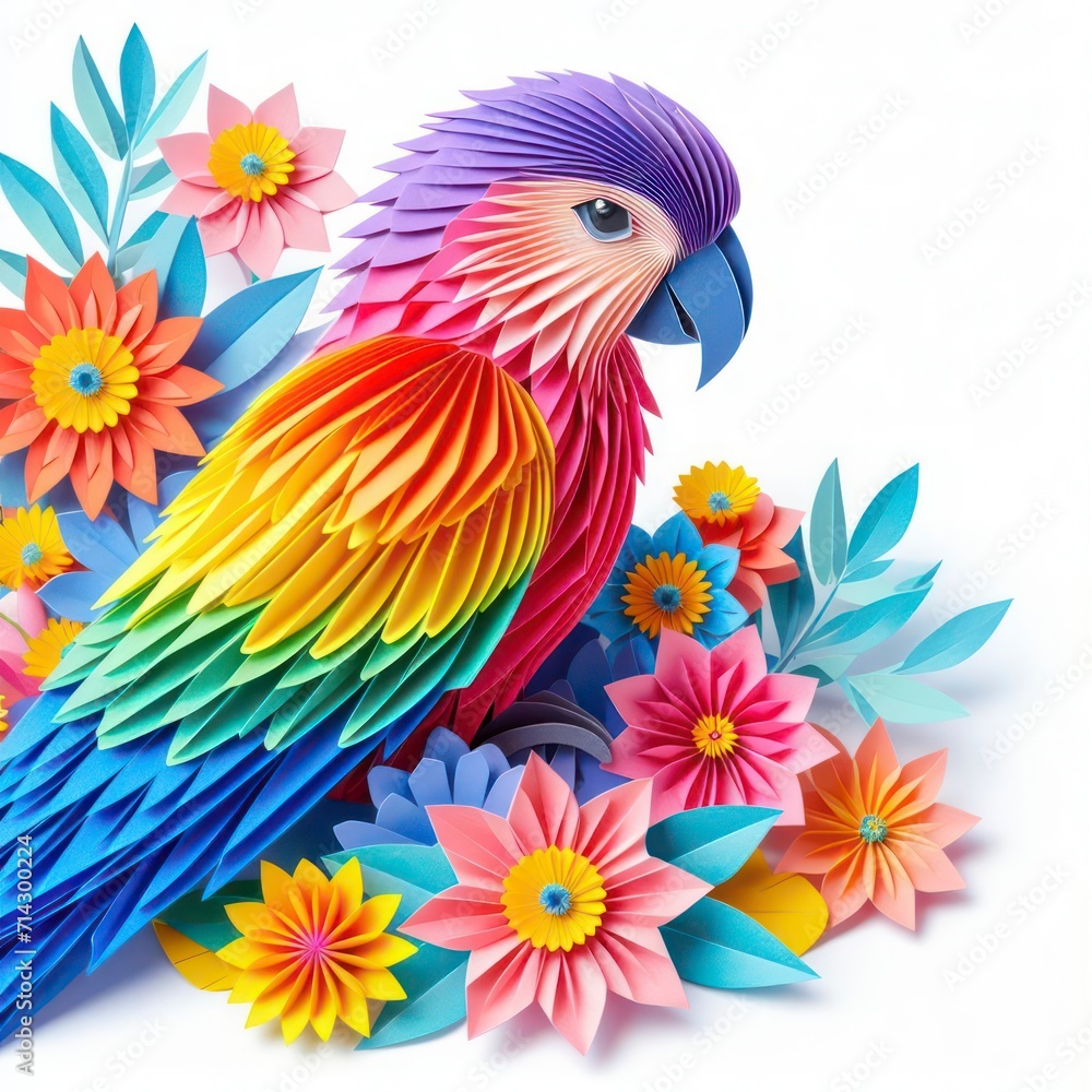 Obraz premium Immerse yourself in the artful world of kirigami with a vibrant parrot against a backdrop of colorful flowers. Isolated on white, this masterpiece combines precision and elegance