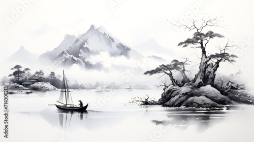 Boat with island with Asian ink painting  style