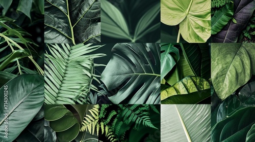 A collage of various tropical leaves in multiple shades of green  overlapping to form an abstract