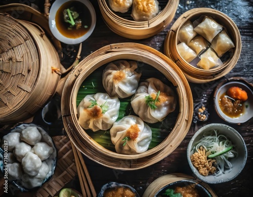 Dim Sum, a Chinese culinary treasure, features small, flavorful, and steamed delights, crafted with authenticity and served in bamboo baskets for a harmonious gastronomic experience. AI generation