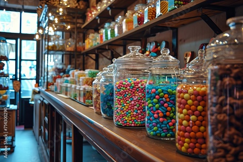 Vintage candy shop with colorful jars and sweet aromas