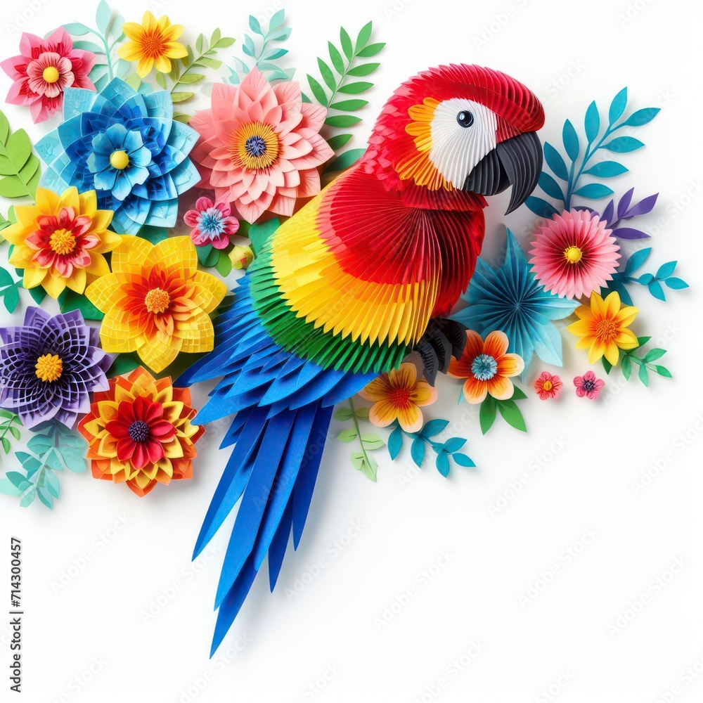 Immerse yourself in the artful world of kirigami with a vibrant parrot against a backdrop of colorful flowers. Isolated on white, this masterpiece combines precision and elegance Immerse yourself in the artful world of kirigami with a vibrant parrot against a backdrop of colorful flowers. Isolated on white, this masterpiece combines precision and elegance