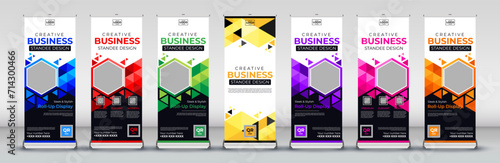 Modern Business roll up banner design for business events, annual meetings, presentations, marketing, promotions in blue, red, green, yellow, purple, pink, orange and black