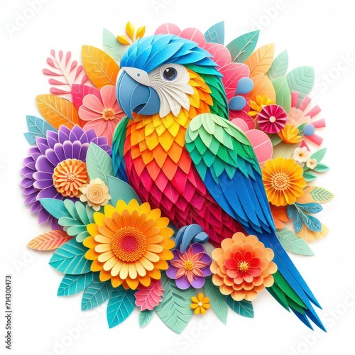 Immerse yourself in the artful world of kirigami with a vibrant parrot against a backdrop of colorful flowers. Isolated on white  this masterpiece combines precision and elegance