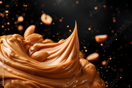 Close up of a jar of peanut butter with scattered peanuts against black background. photo