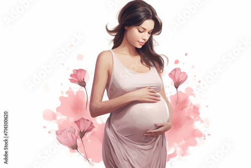 pregnancy and future motherhood. A hand-drawn sketch of a pregnant woman in a pink dress. colorful illustration. a place for your text.