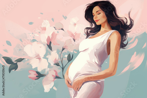 pregnancy and future motherhood. A hand-drawn sketch of a pregnant woman in a dress. colorful illustration. a place for your text. floral background.