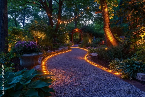 Enchanted nighttime garden with illuminated pathways