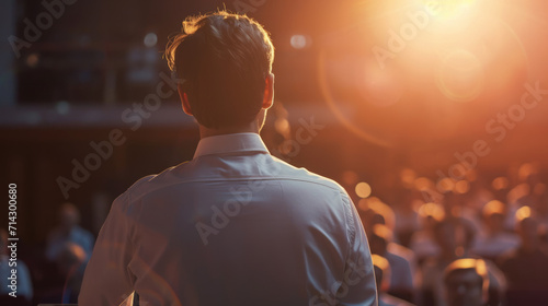 Man from behind is standing in front of an audience