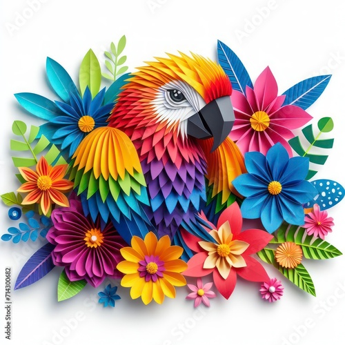 Immerse yourself in the artful world of kirigami with a vibrant parrot against a backdrop of colorful flowers. Isolated on white  this masterpiece combines precision and elegance