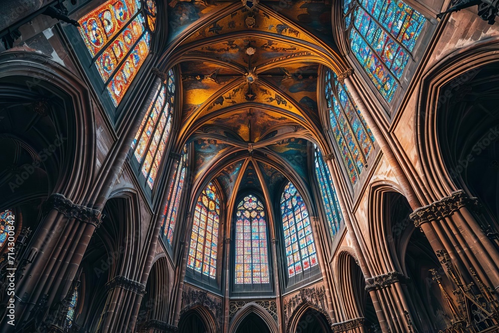 Mystical gothic cathedral with stained glass windows