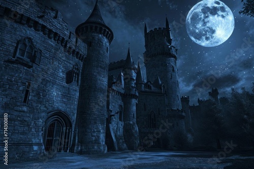 Moonlit medieval castle with turrets and courtyards