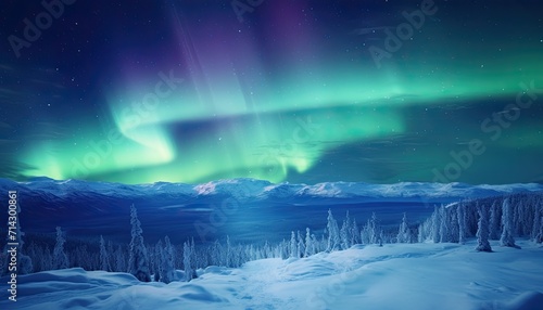 View of night sky with multicolored aurora borealis and mountain peak background. Night glows in vibrant aurora reflection on the lake with forest. 