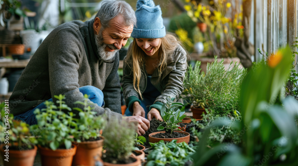 Elderly man and a young woman are gardening together, smiling as they tend to potted plants in a greenhouse.
