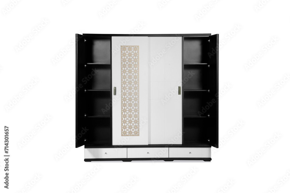 Opened classical wooden wardrobe isolated on white background
Opened classical wooden wardrobe isolated on white background