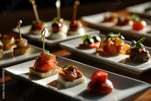 A collection of appetizers, from tapas to finger foods, elegantly displayed on small white plates photo